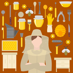 Flat design elements of Beekeeping and apiculture. Beekeeper Tools and equipment set. Apiary Instrument isolated. Man beemaster. Beehive and Honeycomb. Honey in jar.