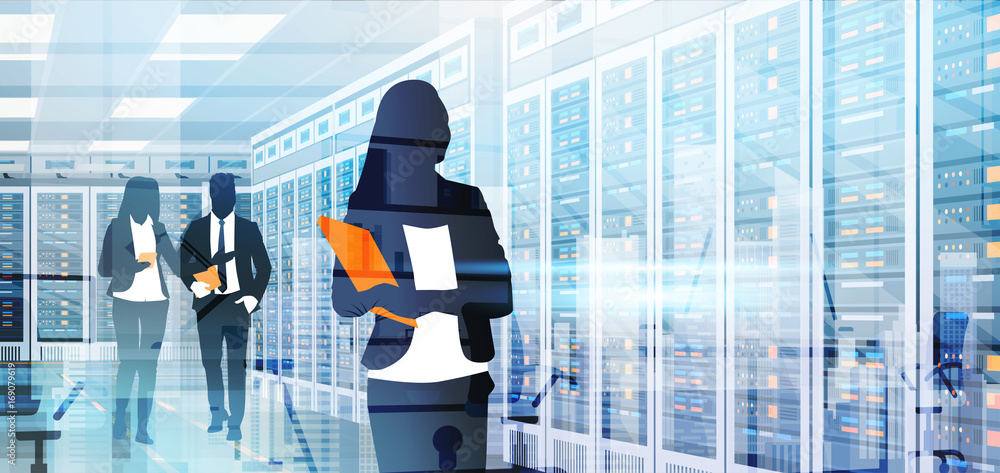 Poster silhouette people working in data center room hosting server computer information database flat vect