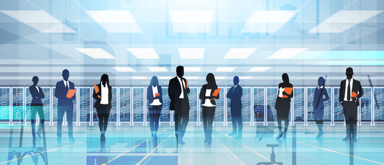Silhouette People Working In Data Center Room Hosting Server Computer Information Database Flat Vector Illustration