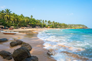 The Goyambokka beach in Tangalle in the southern province of Sri Lanka. The coastal town has a majestic bay and the most beautiful beaches in the south and south-east  - obrazy, fototapety, plakaty