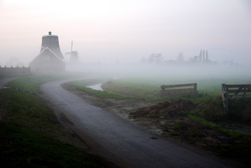 the early morning in the town of Kinderdijk in Netherland, with a heavy fog and village view