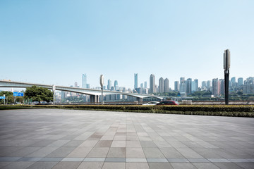 empty marble floor and cityscape of modern city