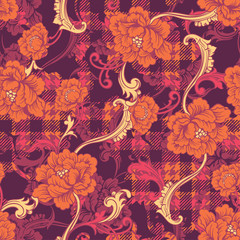 Eclectic fabric plaid seamless pattern with baroque ornament.