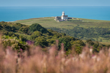 Fototapeta na wymiar Blue sea of English Channel beyond Belle Tout lighthouse in rolling countryside of South Downs National Park 