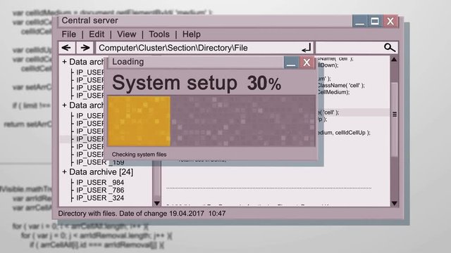 Abstract animation of working screen of abstract computer OS with System Install or setup with Success! Network computer concepts.