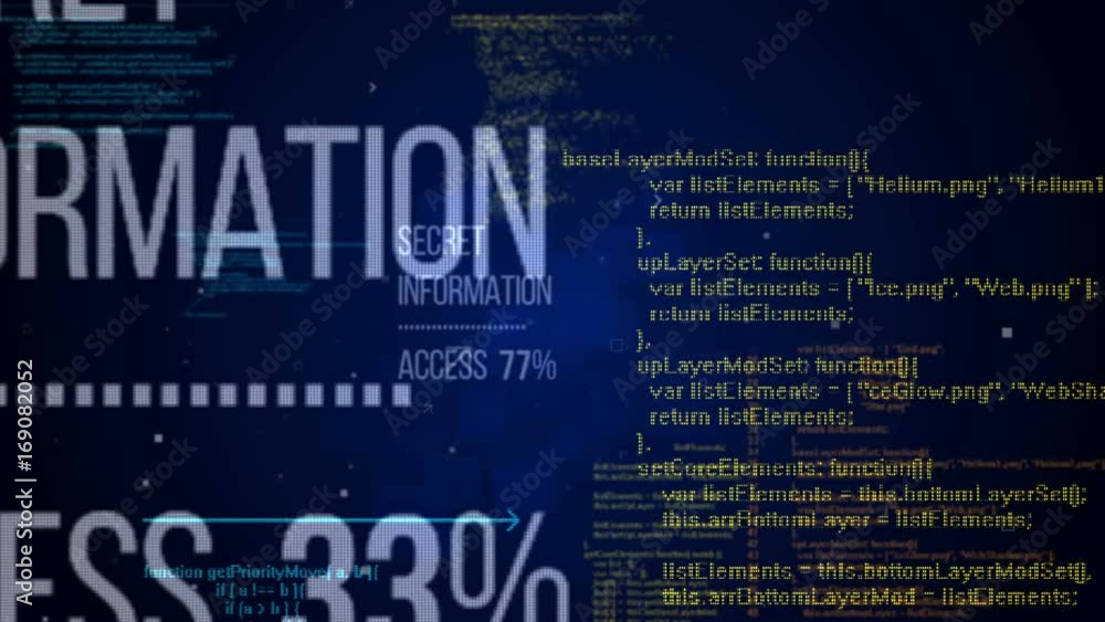 Poster secret information concept with a random programming code and a dark blue background . seamless loop