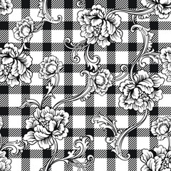 Fototapeta premium Eclectic fabric plaid seamless pattern with baroque ornament.