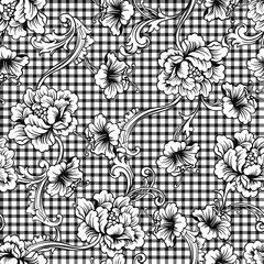 Eclectic fabric plaid seamless pattern with baroque ornament.