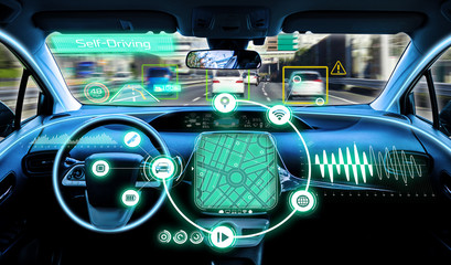 cockpit of autonomous car. self driving vehicle. driverless car.