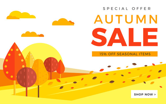 Sale promotion web banner with autumn background. Promo fall season discount layout with rural landscape. Vector seasonal discount template design.