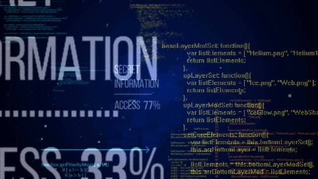 Secret information concept with a random programming code and a dark blue background . Seamless loop animation.