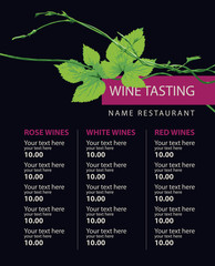 Vector wine list for wine tasting with a branch of grapes and a price list for black background