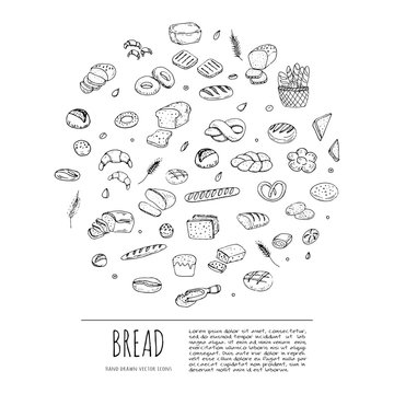Hand drawn doodle set of cartoon food: rye bread, ciabatta, whole grain bread, bagel, sliced bread, french baguette, croissant Bread set Vector illustration Sketchy bread elements collection 