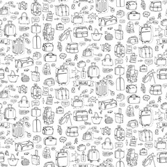 Seamless pattern hand drawn doodle Baggage icons set. Vector illustration. Different types of baggage Large small suitcase Hand luggage Backpack Carrying animals Crate Handbag Tag Sketch cartoon style