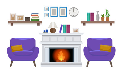 Fototapeta premium Cozy interior of an elegant living room with two armchair, a fireplace, and various decorations. Flat style vector design template