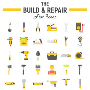 Build and Repair flat icon set, construction symbols collection, vector sketches, logo illustrations, tools signs colorful solid pictograms package isolated on white background, eps 10.
