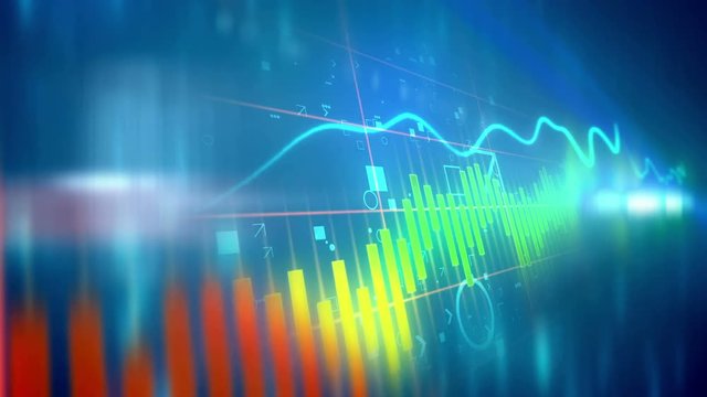 Financial stock market graph animation on technology abstract background. Positive trend of stock market in perspective view.