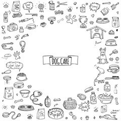 Hand drawn doodle Dog care icons set. Vector illustration. Vet symbol collection. Cartoon cat care elements: kennel, leash, food, paw, bowl, bone and other goods for pet shop, hotel
