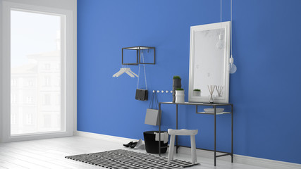 Scandinavian entrance lobby hall with table, stool, carpet and mirror, minimalist white and blue interior design