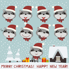 Merry christmas and Happy new year! Set face raccoon for christmas and new year design. Collection isolated heads of raccoon in cartoon style.