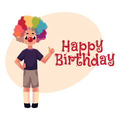 Happy birthday vector greeting card, poster, banner design with Little boy wearing clown nose and rainbow colored wig showing thumb up. Full length portrait of boy wearing clown red nose and wig