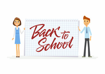 Back to school - characters of happy students with calligraphy lettering