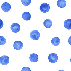 Hand painted watercolor blue circles seamless pattern on the white background. Textures for your design.