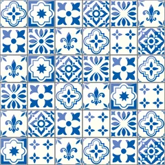 Gordijnen Geometrisch vectortegelspatroon, Portugees of Spnish naadloos blauw tegelontwerp, Azulejos-achtergrond © redkoala
