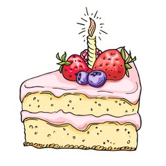 Hand drawn birthday cake, colorful draft sketch isolated on white background. Vector illustration.