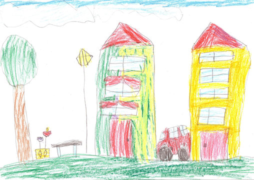 Child's drawing. Car, tree and house