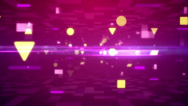 Abstract background with geometric figures flying at the camera on a pink background. Seamless loop.