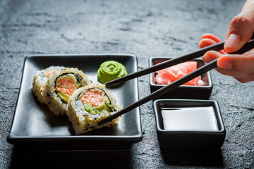 Closeup of delicious sushi with wasabi and soy sauce