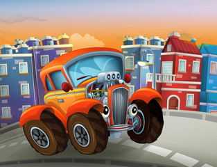 happy cartoon hot rod driving through the city - illustration for children © honeyflavour