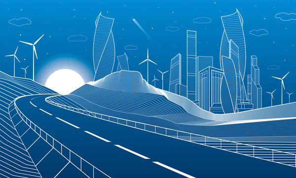 Highway in mountains. Tower and skyscrapers, modern city, business buildings. Night scene. White lines on blue background. Windmills power. Vector design art