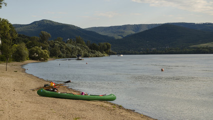 canoes on beach in summer 
