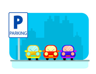 Naklejka premium Parking concept with red Car in flat style over city silhouette. Flat Illustration