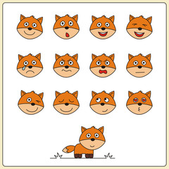 Set face funny fox in cartoon style. Collection isolated heads of fox on white background.