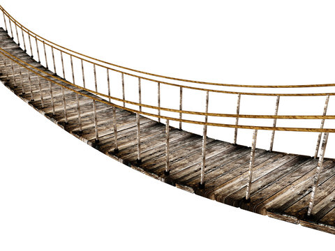 Fototapeta Old wooden suspended bridge isolated on white background. 3D illustration