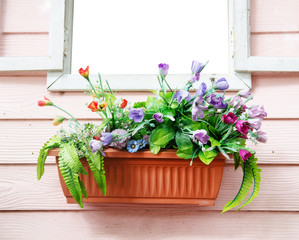 jardiniere on window with pink wood background  and plastic flower