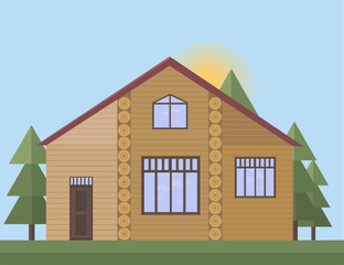 Wood house facade in the forrest. Vector illustration sunset background
