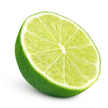 Ripe half of green lime citrus fruit isolated on white background. Lime half with clipping path
