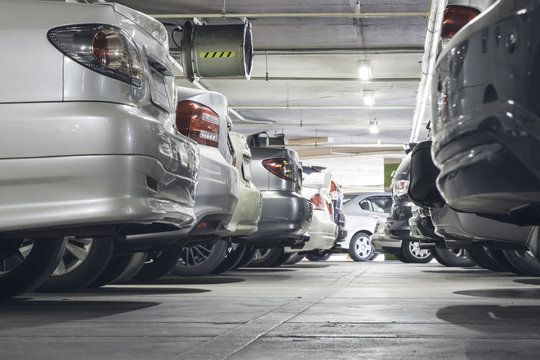 Crowded Parking Lot, Car Rear End In Parking Lot.