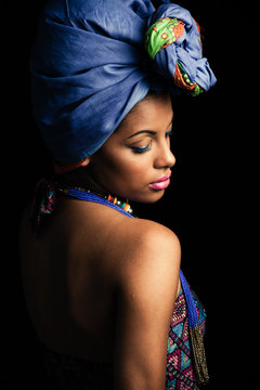 African Black Young Woman Beauty Portrait With Turban Studio