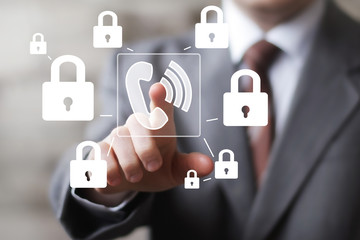 Businessman pressing button telephone locked security network in internet.
