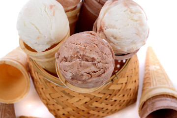 Ice Cream Cones Scoop in basket on white background