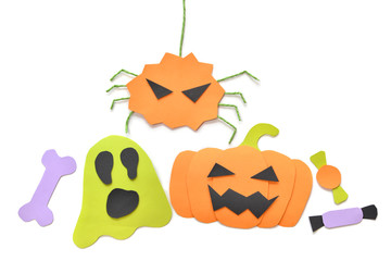 Halloween pumpkin, spider and ghost on white background - isolated