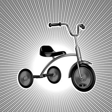 Трехколесный детский велосипед. Стилизованный винтажный векторный черно-белый рисунок на фоне лучей.