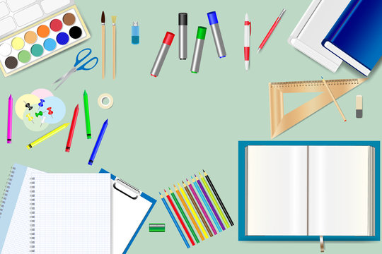 School supplies are lying on the green background. Free place for your text is in the middle of the vector.