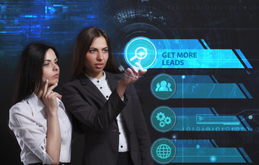The concept of business, technology, the Internet and the network. A young entrepreneur working on a virtual screen of the future and sees the inscription: Get more leads