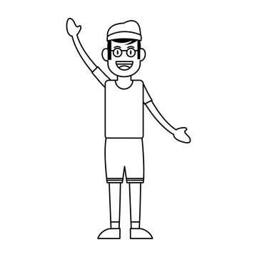 happy smiling man with baseball cap and glasses icon image vector illustration design black line
